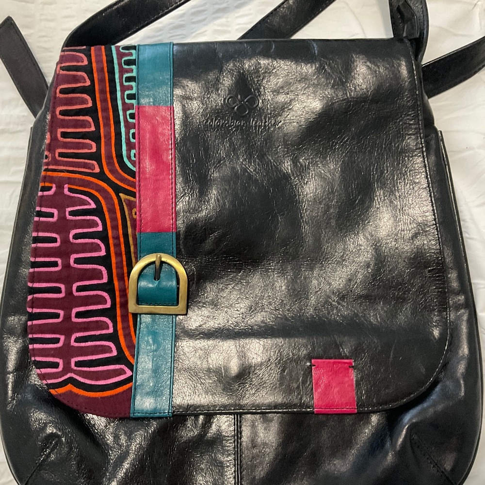 Vintage artsy patchwork black leather crossbody
